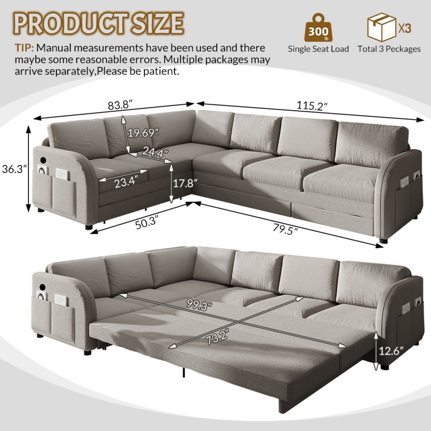 L-Shaped Couch With Pull-Out Bed, Convertible Sleeper Sofa With Side Pocket &amp; USB Port