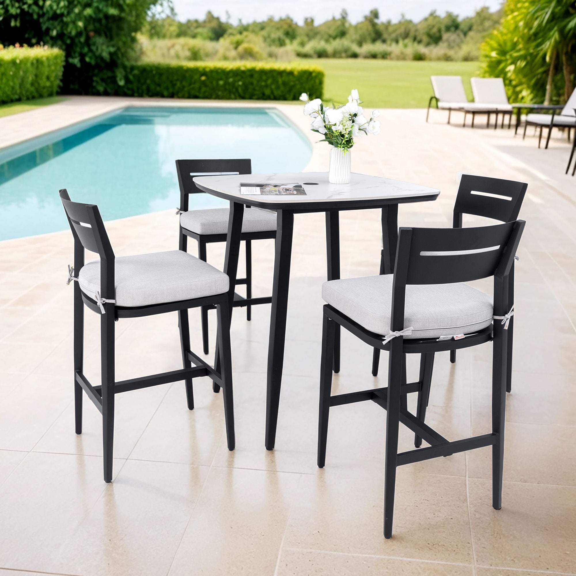 Modern Outdoor Patio Bar Set, Rounded Square Table &amp; Bar Chairs, Non Rust Frame, Tapered Legs, Sunbrella Cushion