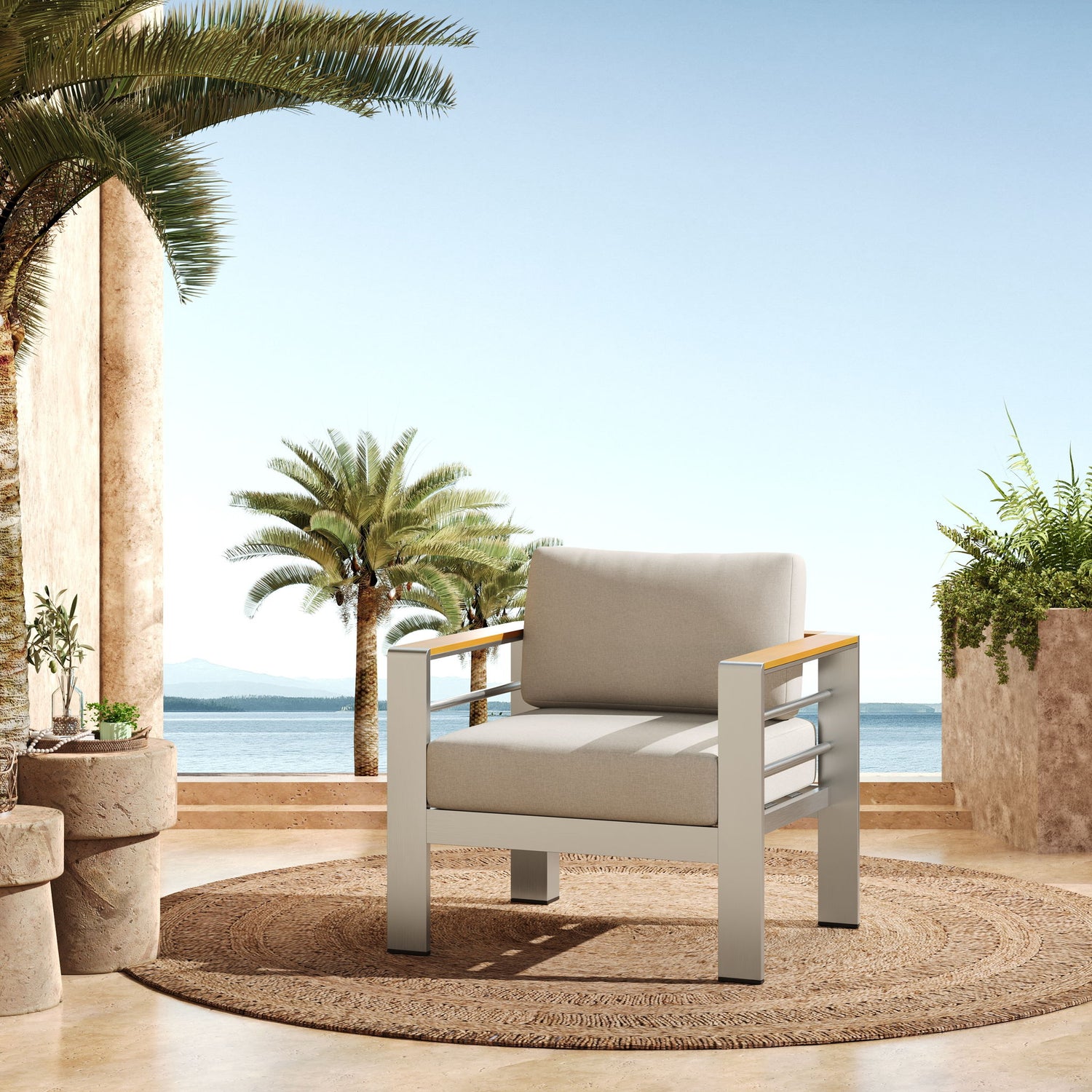 Cora - Outdoor Aluminum Club Chair - Silver / Beige