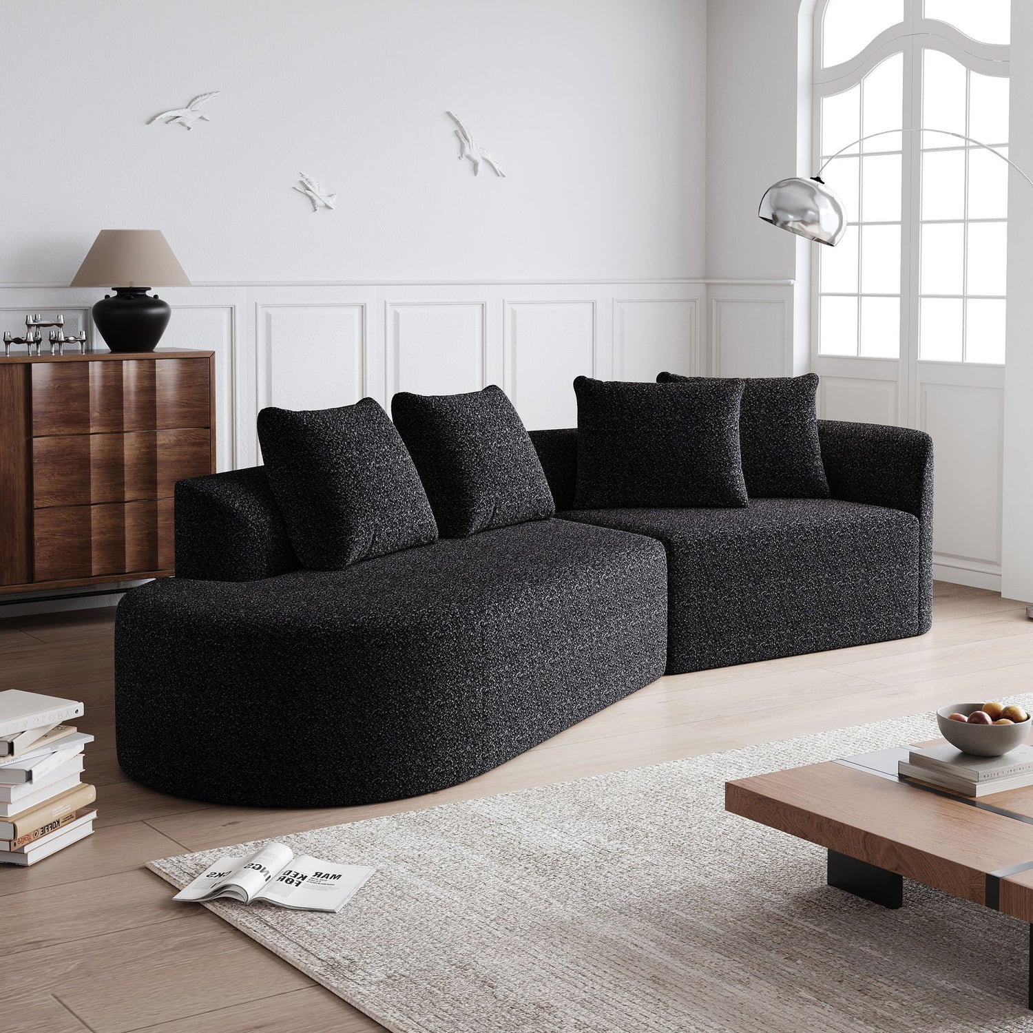 Upholstered Oversized Sectional Sofa, 4 Seater Extra Deep &amp; Wide Seat Curved Cloud Couch With 4 Throw Pillows, Free Combination Living Room - Black