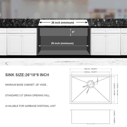 Undermount Stainless Steel Kitchen Sink, Deep Single Bowl Basin