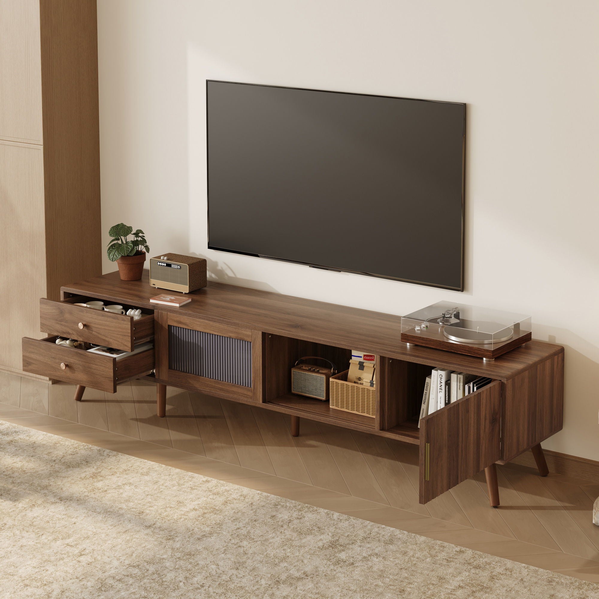 76" TV Stand, Entertainment Center With Storage Cabinets, TV Media Console Table For Living Room - Natural