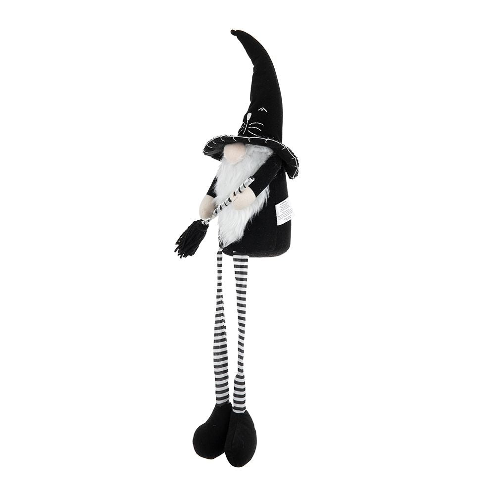 Sitting Gnome With Broomstick &amp; Long Legs, For Halloween Decor - Black White