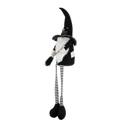 Sitting Gnome With Broomstick &amp; Long Legs, For Halloween Decor - Black White