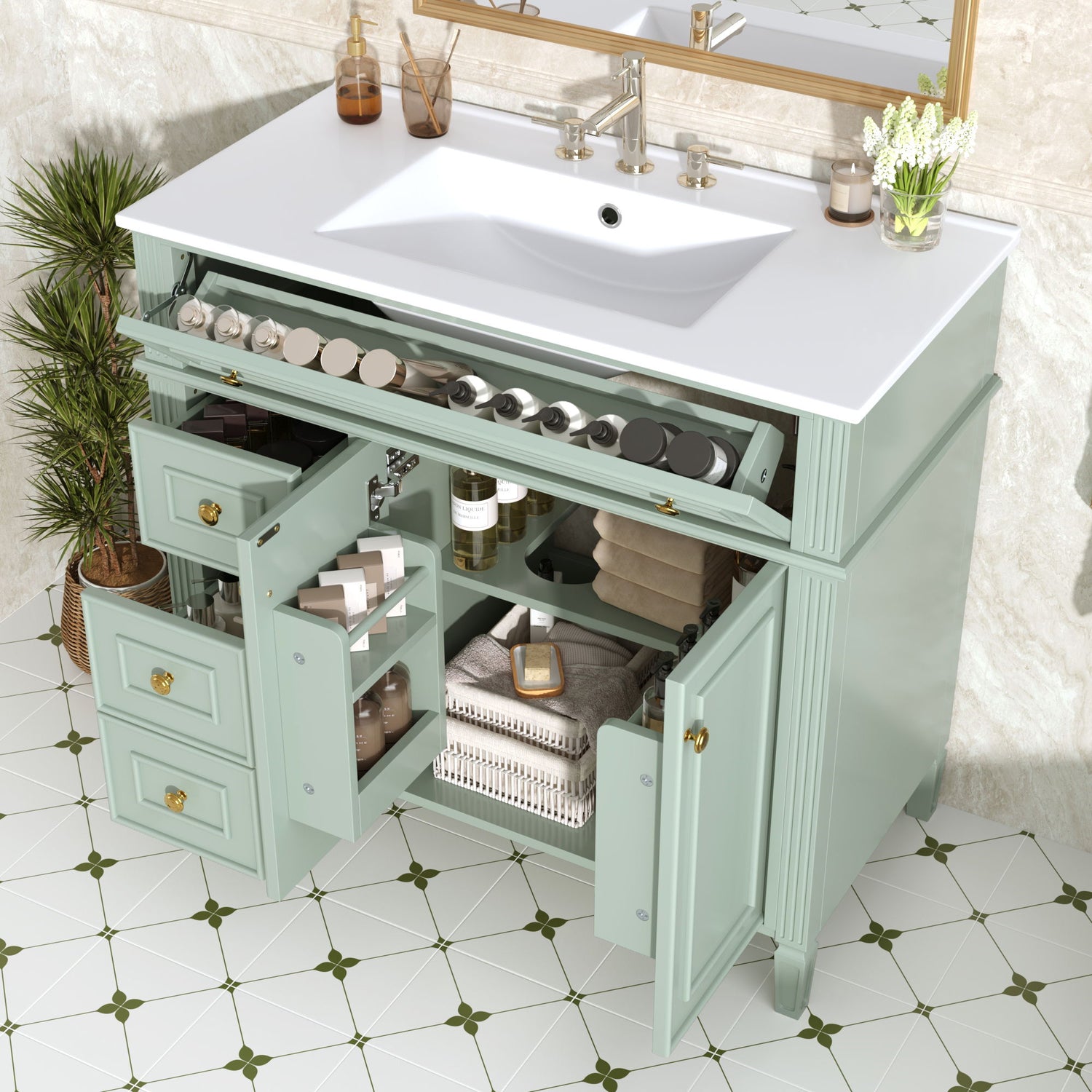 Bathroom Vanity With Sink, 3 Drawers &amp; 2 Doors