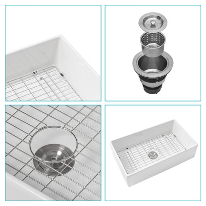 33&quot; Undermount Sink With Apron Front, Single Bowl, Grid - White