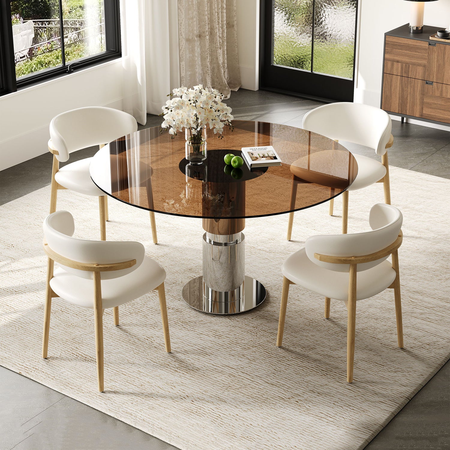 Round Glass Dining Table With Stainless Steel Legs And Chairs