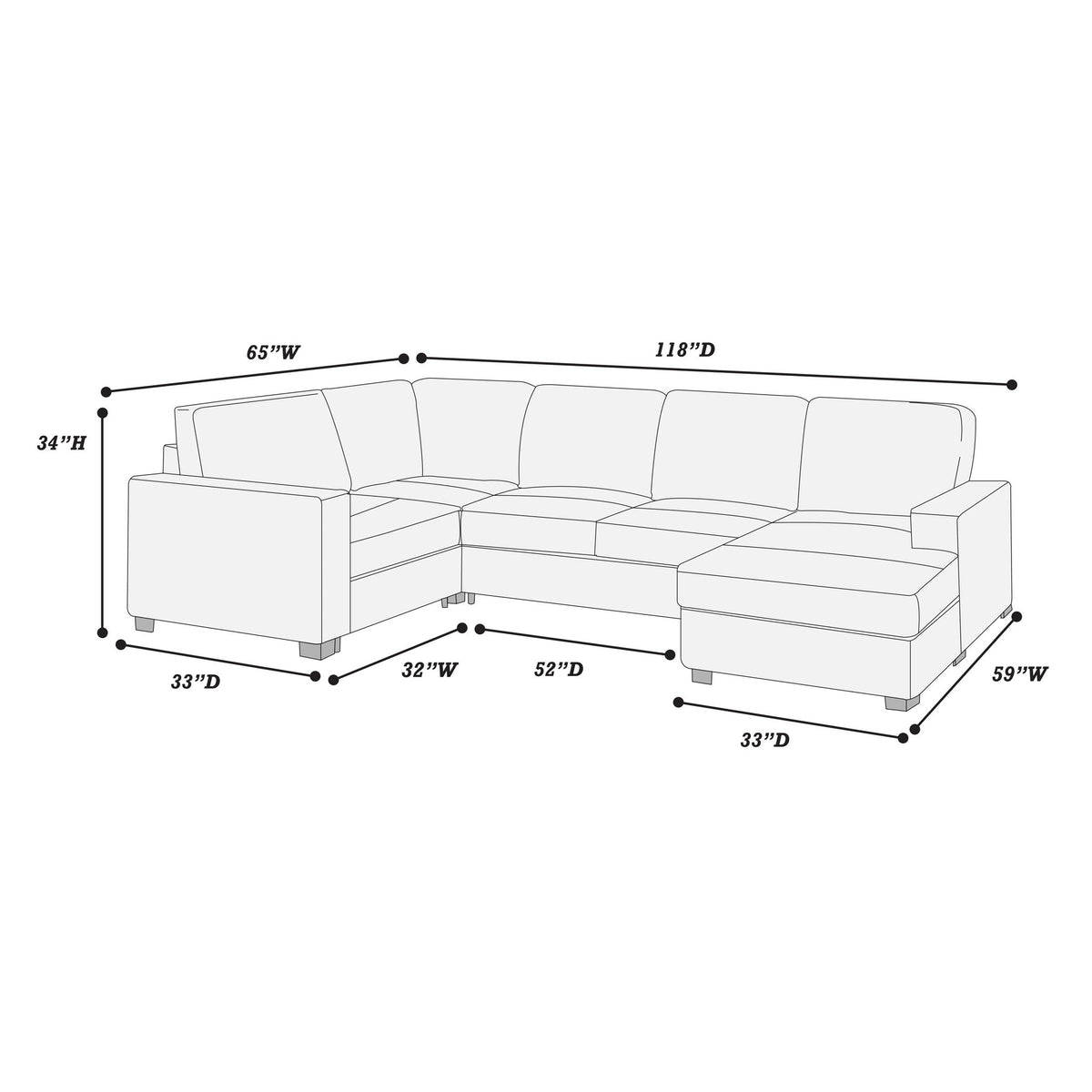 Sectional With RAF Chaise, Armless Loveseat &amp; LAF 1 Arm Chair