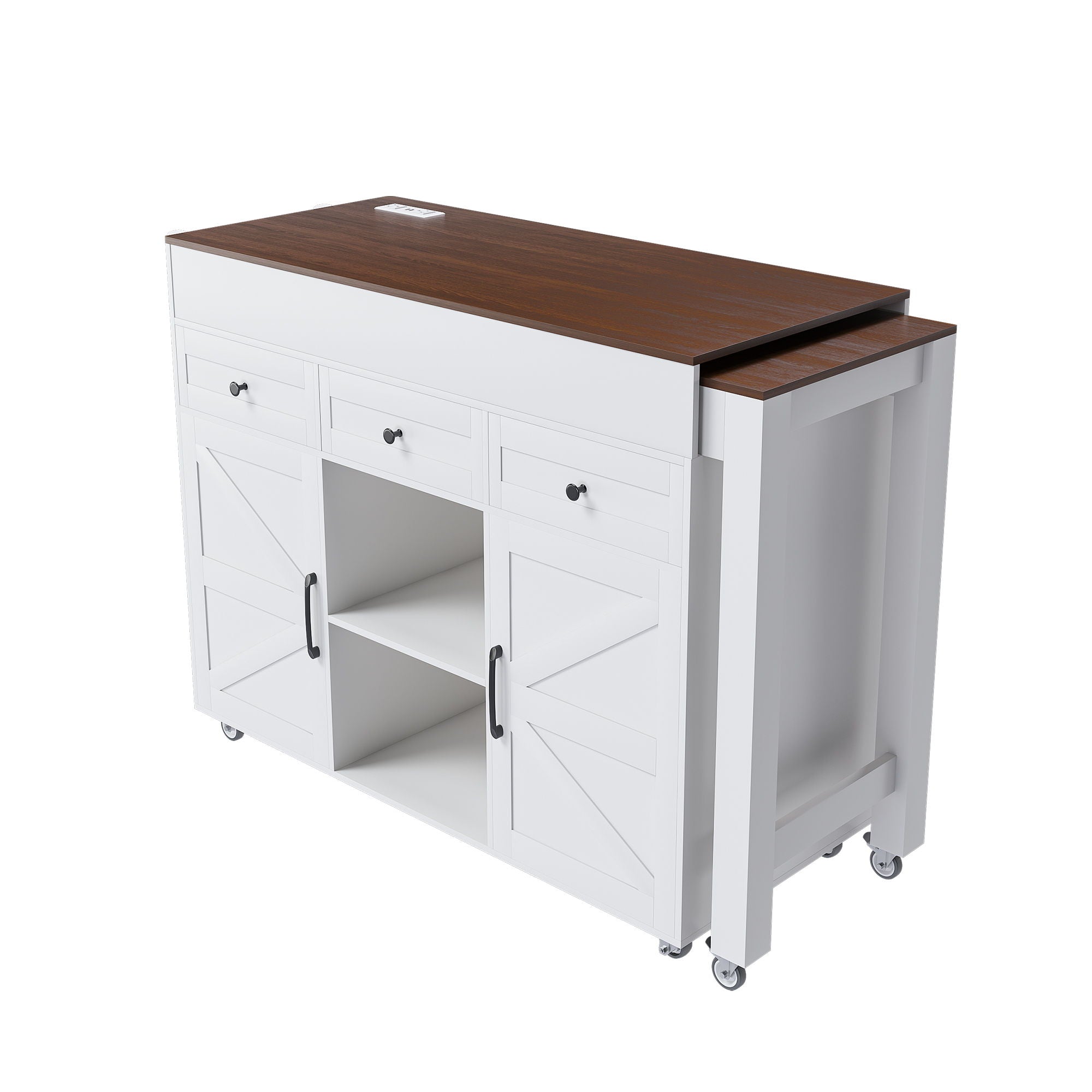 Modern Kitchen Island With Extendable Dining Table &amp; Power Outlet - White