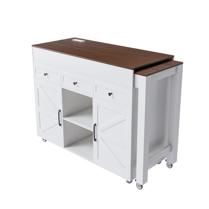 Modern Kitchen Island With Extendable Dining Table &amp; Power Outlet - White