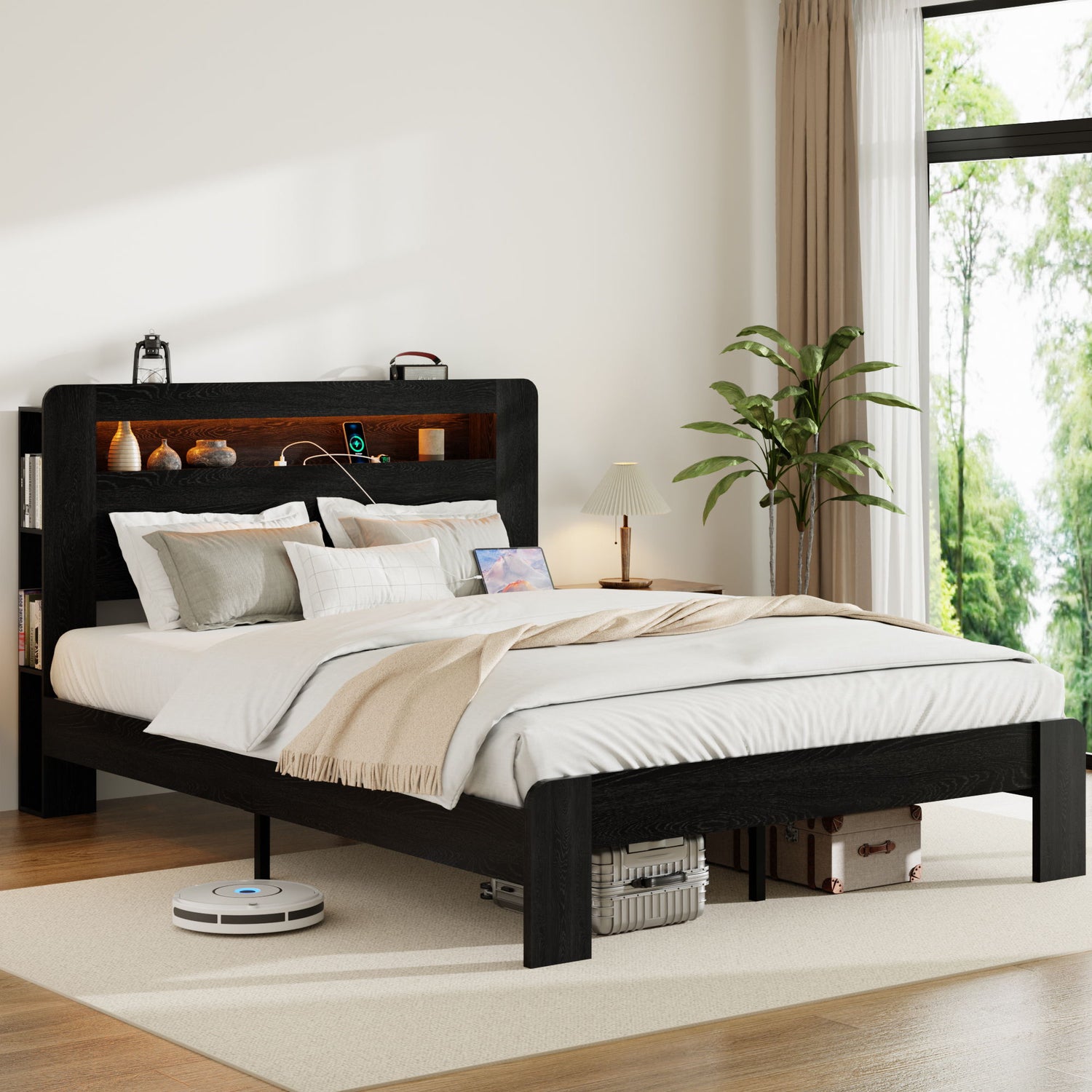 Wood Platform Bed Frame With Storage LED Light Headboard &amp; USB