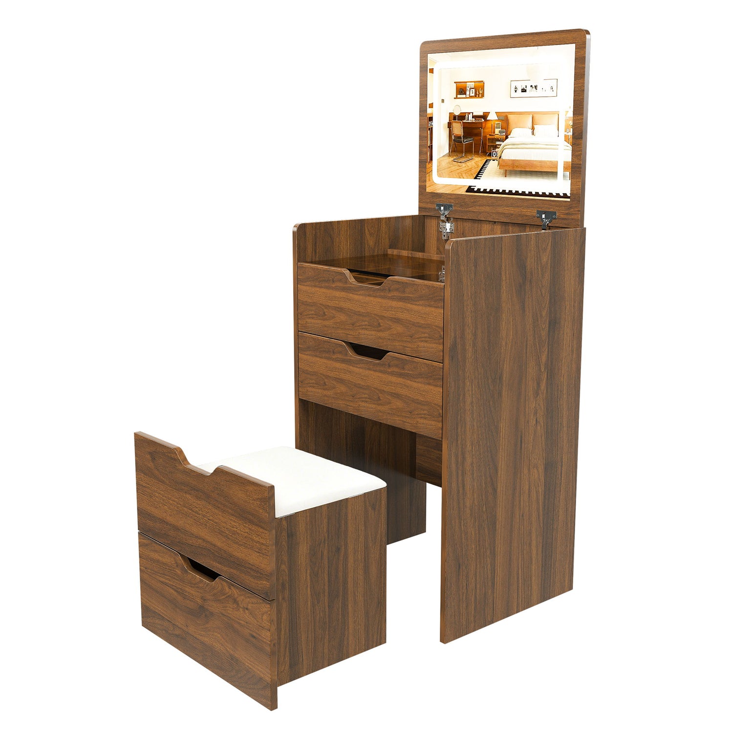 Vanity Desk With Lighted Mirror &amp; Stool