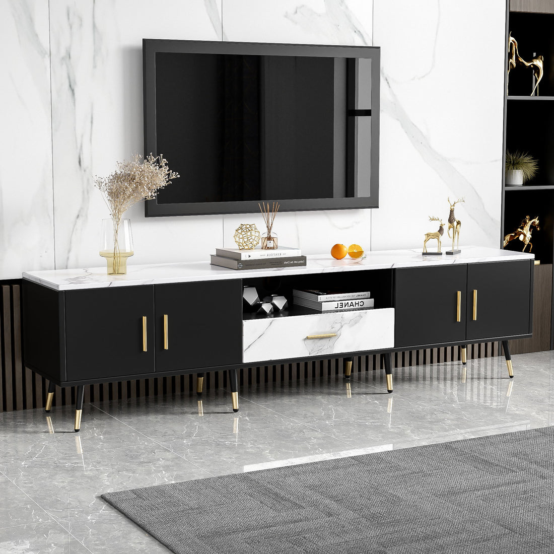 Modern TV Stand With 2 Cabinets &amp; Open Compartments, Entertainment Center For Tvs Up To 80&