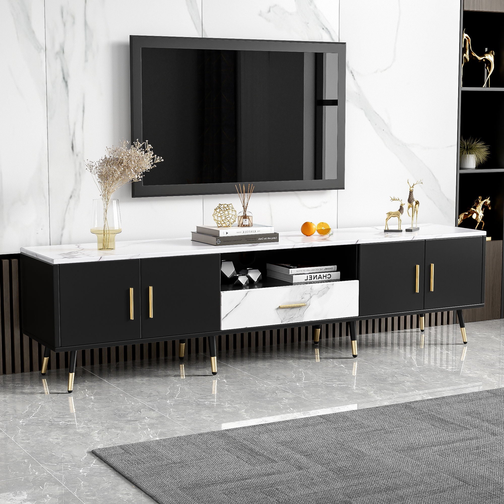 Modern TV Stand With 2 Cabinets &amp; Open Compartments, Entertainment Center For Tvs Up To 80&