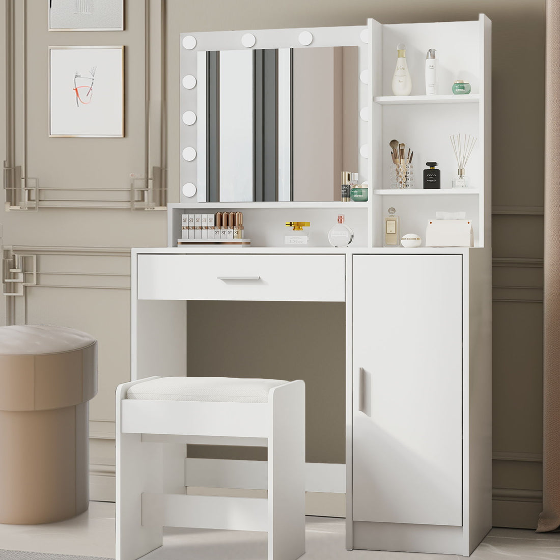 Vanity Desk With Mirror &amp; Light, Large Drawer Three Level Storage Dresser, 3 Lighting Modes Adjustable Brightness, Bedroom Dressing Table (With Stool) - White