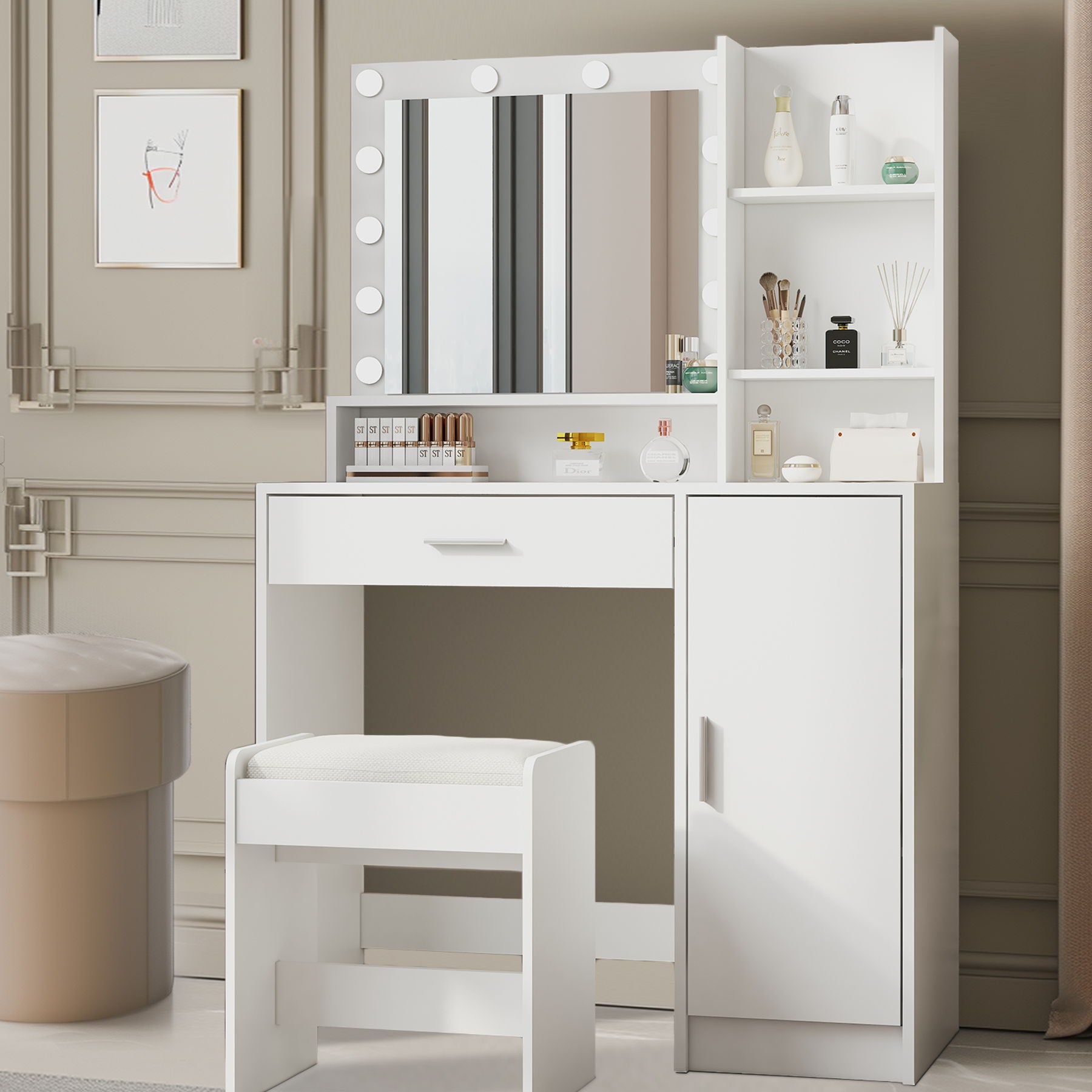 Vanity Desk With Mirror &amp; Light, Large Drawer Three Level Storage Dresser, 3 Lighting Modes Adjustable Brightness, Bedroom Dressing Table (With Stool) - White