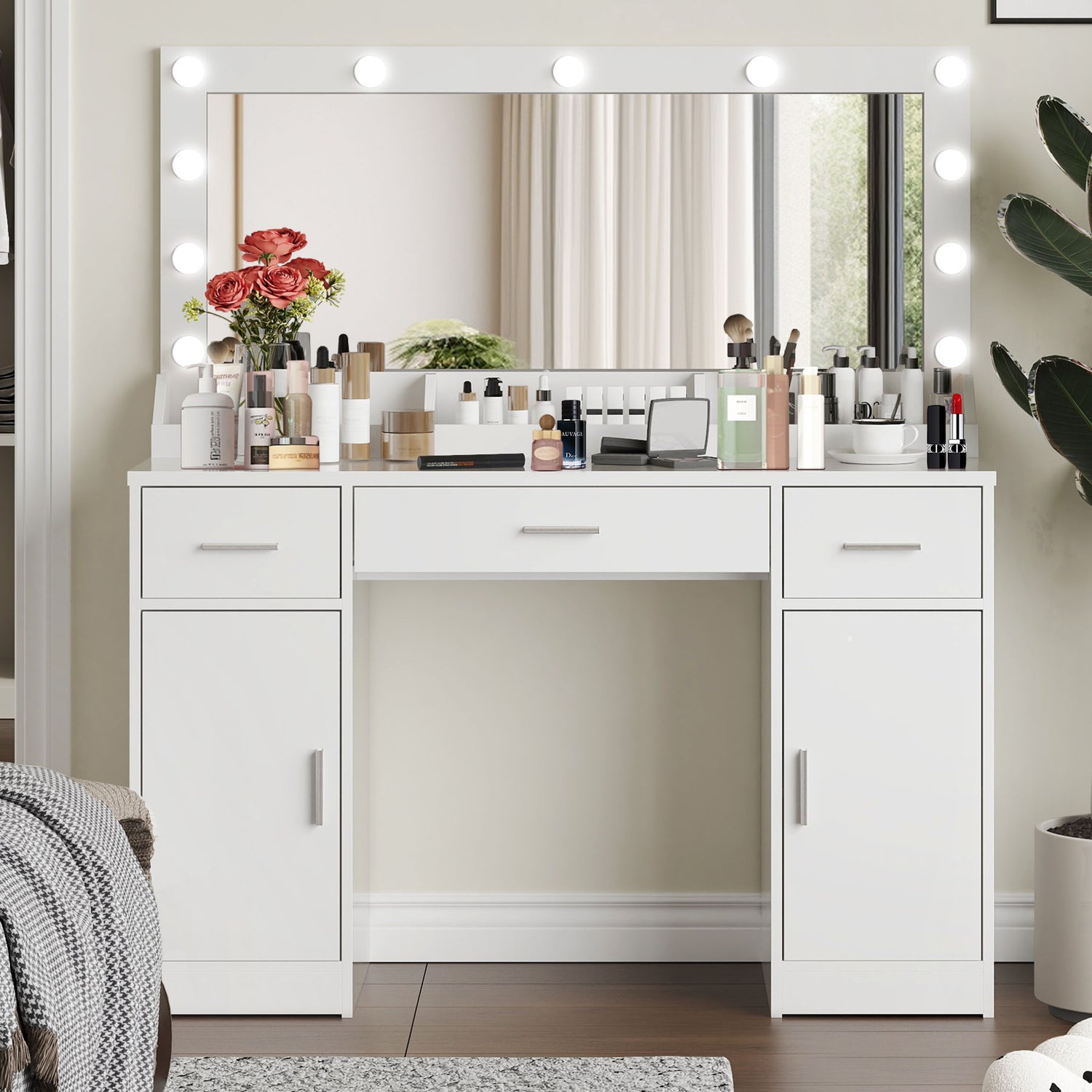 Vanity Desk With Large Mirror, 3 Colour Lighting Modes, Adjustable Brightness, Dresser With 3 Drawers &amp; 2 Vertical Cabinets, Makeup Vanity Table For Women &amp; Girls