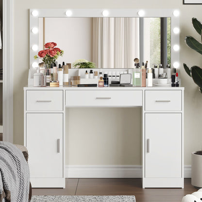 Vanity Desk With Large Mirror, 3 Colour Lighting Modes, Adjustable Brightness, Dresser With 3 Drawers &amp; 2 Vertical Cabinets, Makeup Vanity Table For Women &amp; Girls