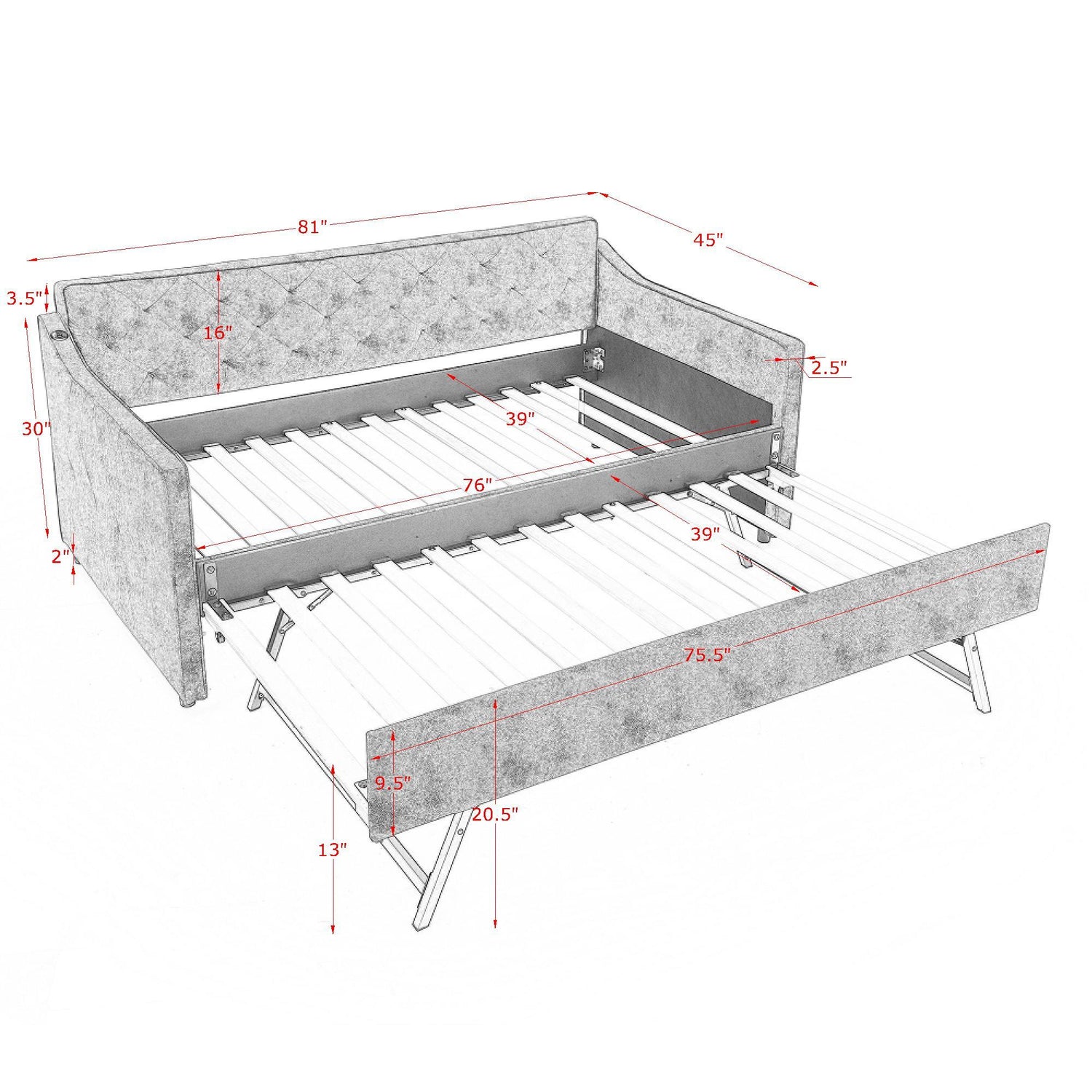 Daybed With Pop Up Trundle And USB Charging Armrest