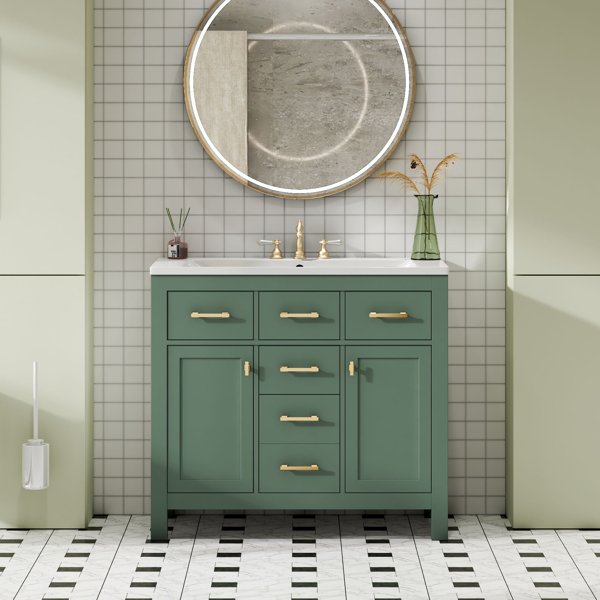 Freestanding Bathroom Vanity With 4 Drawers &amp; 2 Cabinets - Green