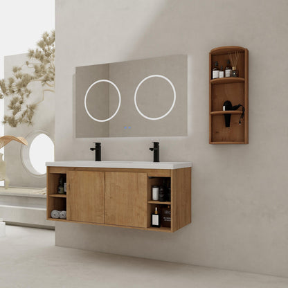 Modern 48&quot; Wall Mounted Bathroom Vanity With Double Resin Sink And Storage Rack Soft Close Doors - Imitative Oak