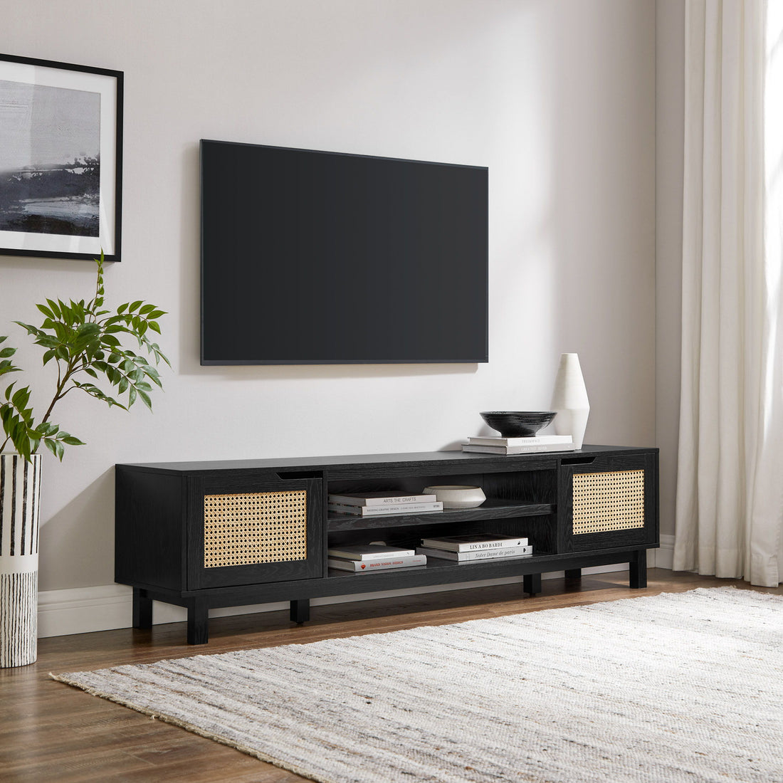 Modern Rattan Door Low TV Stand For TVs Up To 80&quot; - Black