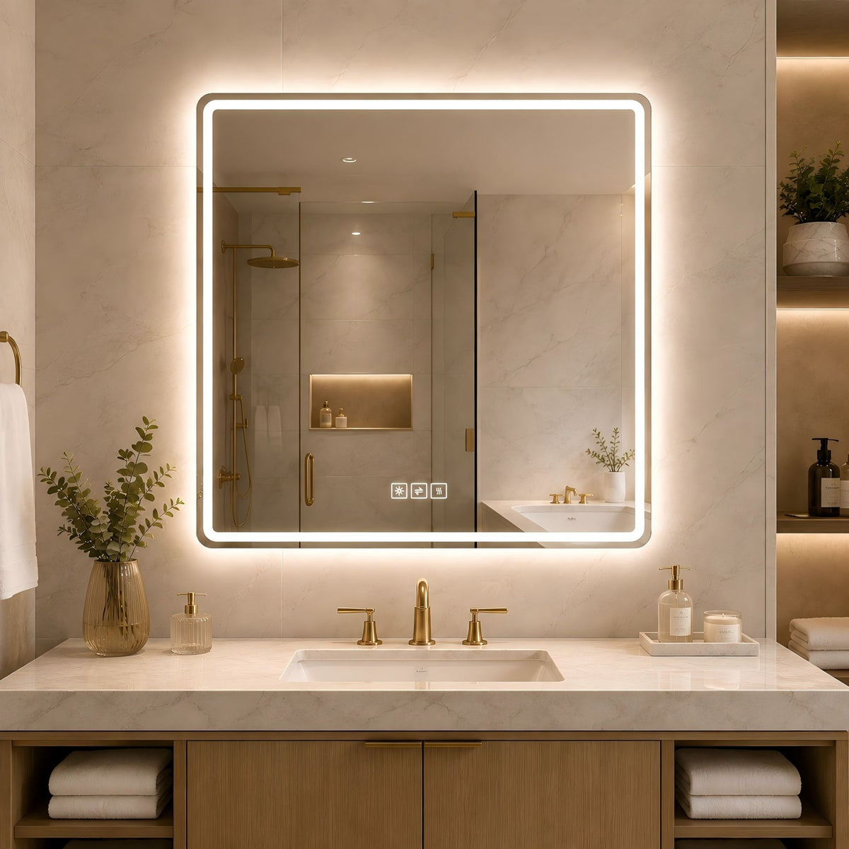 36 X 36 LED Bathroom Mirror With Dimmable Frosted Light Band, 3 Color Temperatures, Anti Fog, Memory &amp; Auto Off - Silver