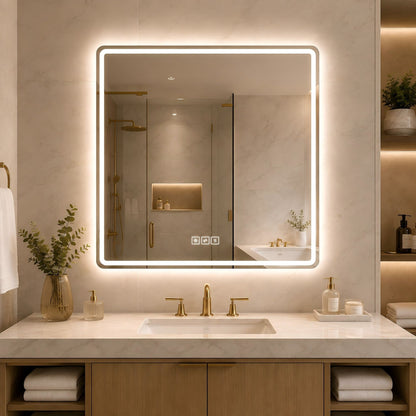 36 X 36 LED Bathroom Mirror With Dimmable Frosted Light Band, 3 Color Temperatures, Anti Fog, Memory &amp; Auto Off - Silver