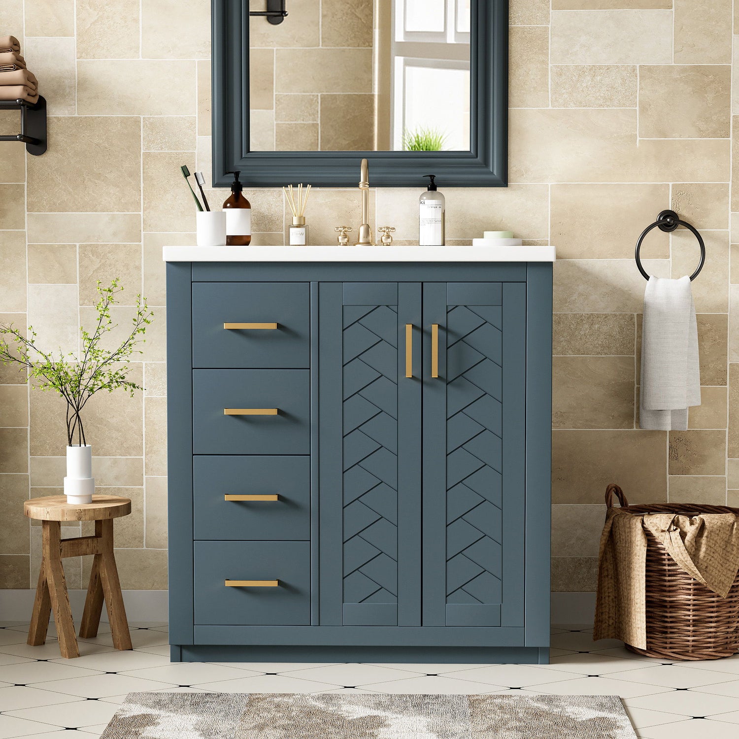 Ceramic Sink Combo, Freestanding Vanity Set With 3 Drawers &amp; Soft Closing Doors