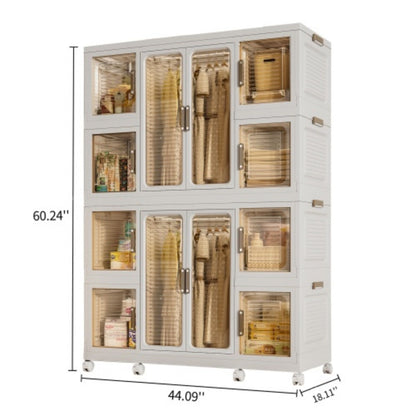 Portable Wardrobe Closet Storage Organizer For Clothes With Magnetic Doors, 12 Cubes &amp; 2 Hanging Rods - White