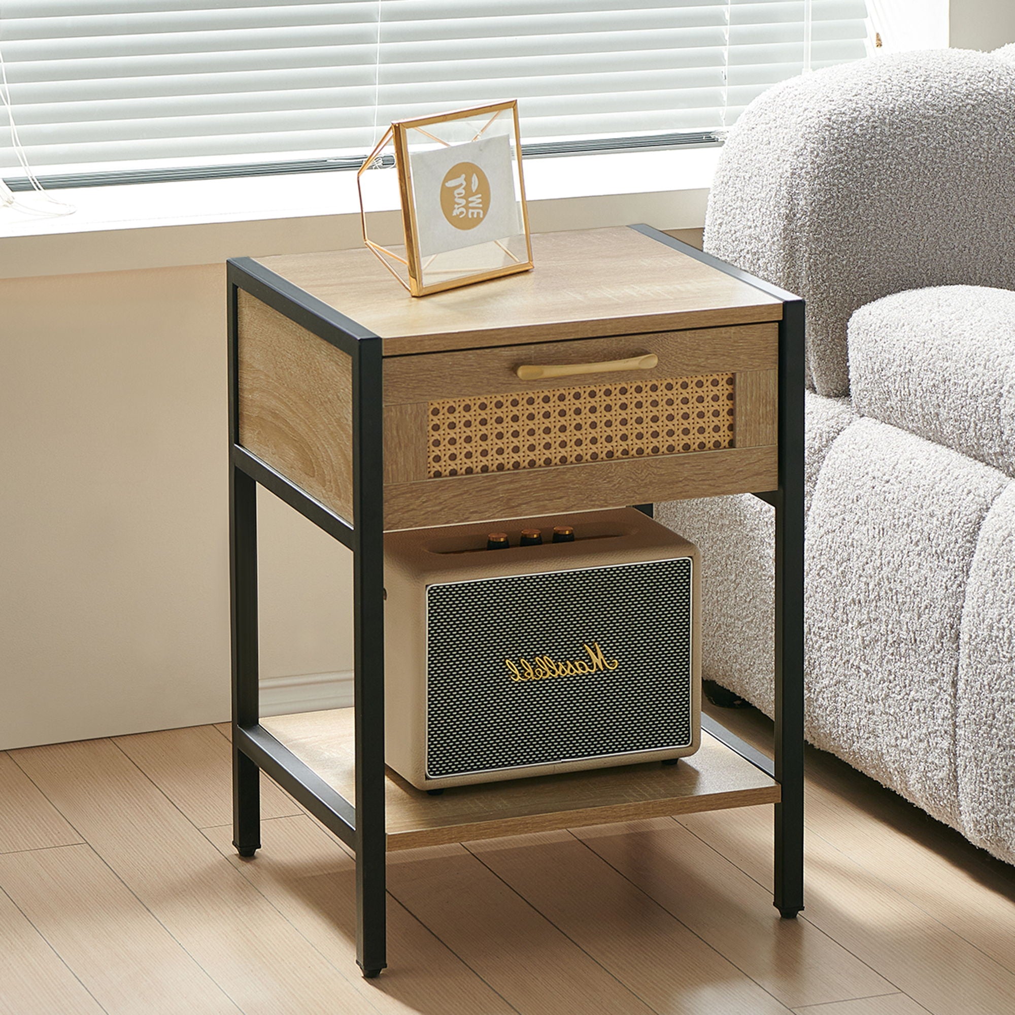 15.74&quot; Rattan End Table With Drawer, Modern Nightstand, Metal Legs, Side Table For Living Room, Bedroom