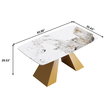63&quot; Modern Artificial Stone Pandora White Curved Metal Leg Dining Table, 6 People - Antique White / Gold