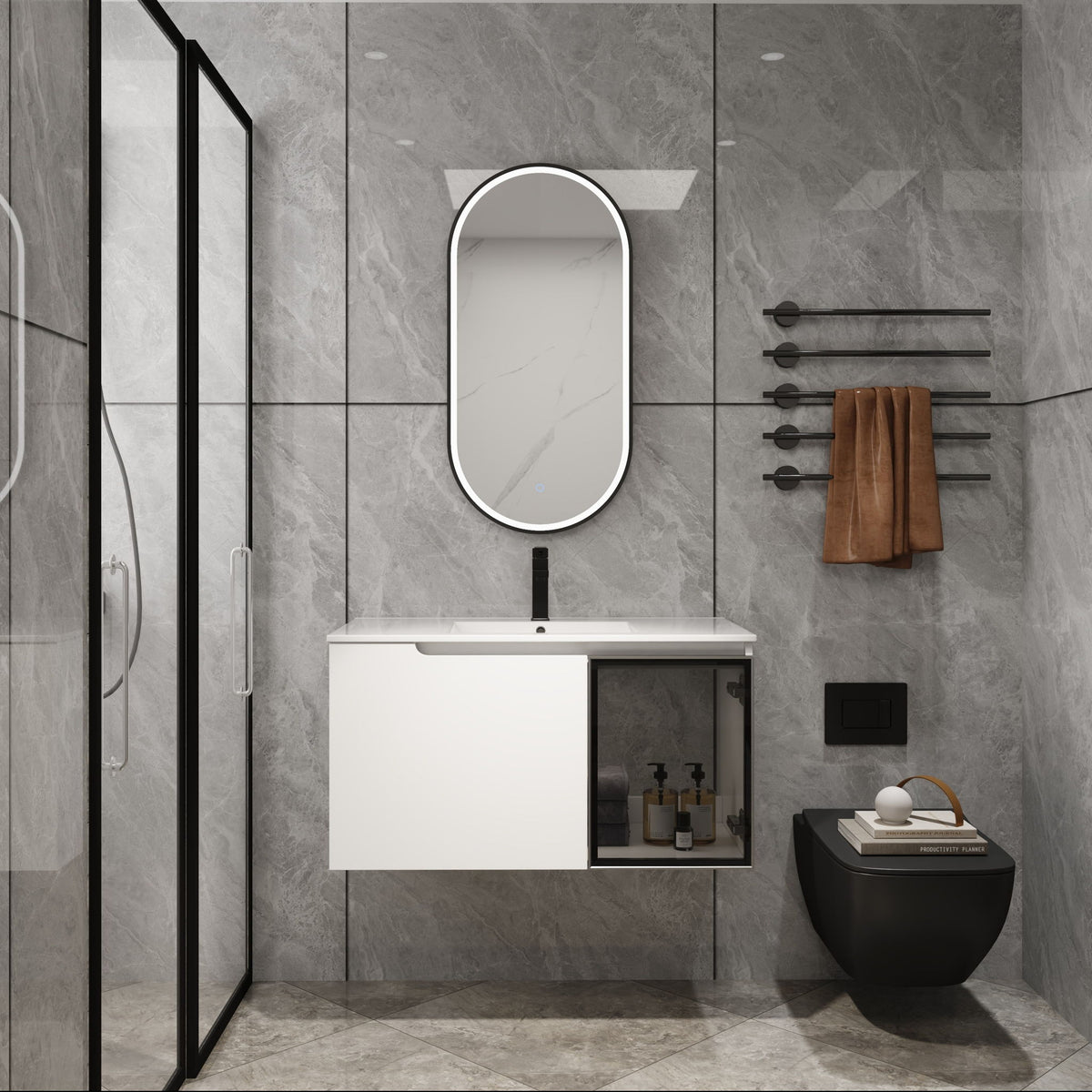 Wall Mounted Bathroom Vanity With Sink, 2 Soft Close Doors, Cabinet &amp; Half Door