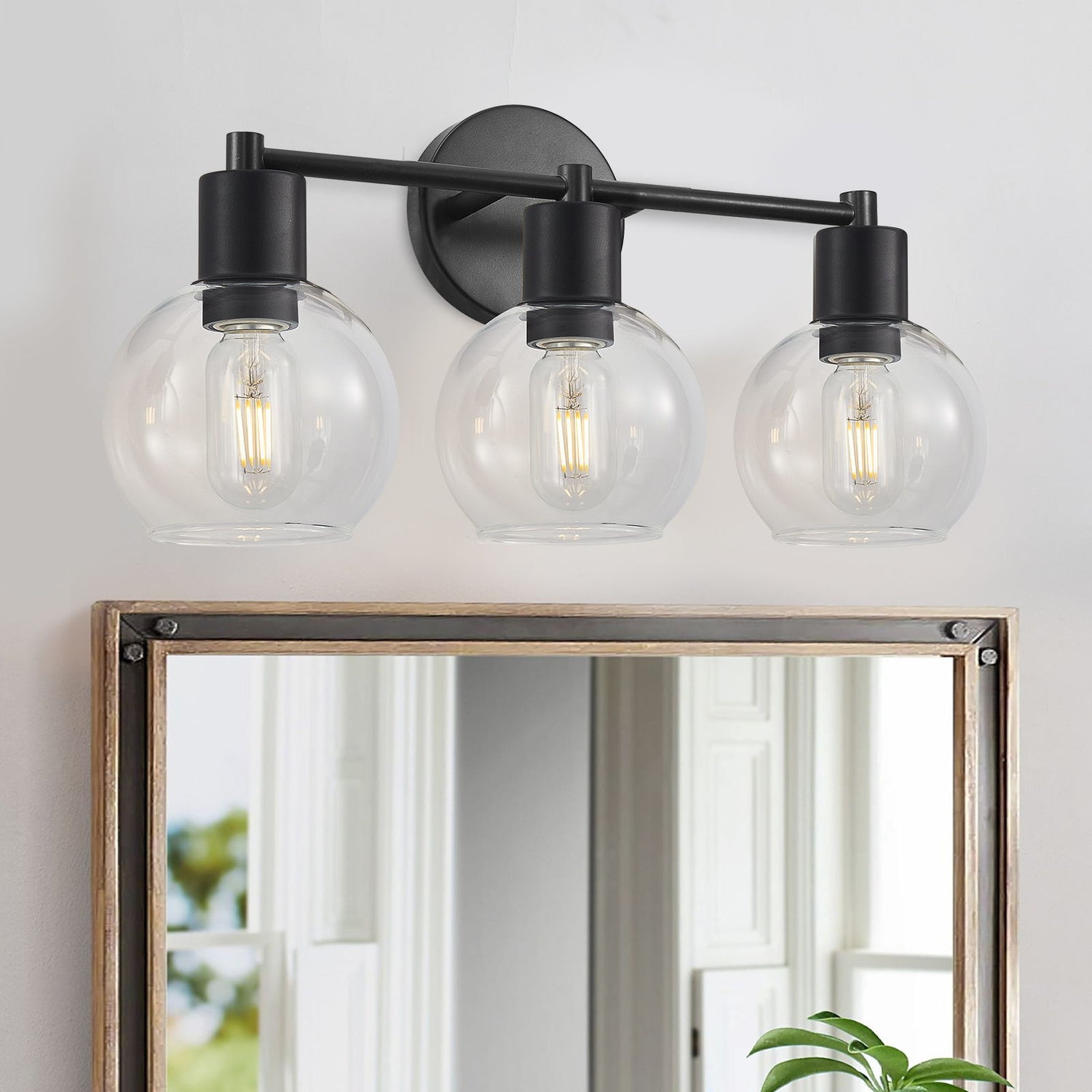 3 Light Globe Bathroom Vanity Light With Clear Glass Shades - Black