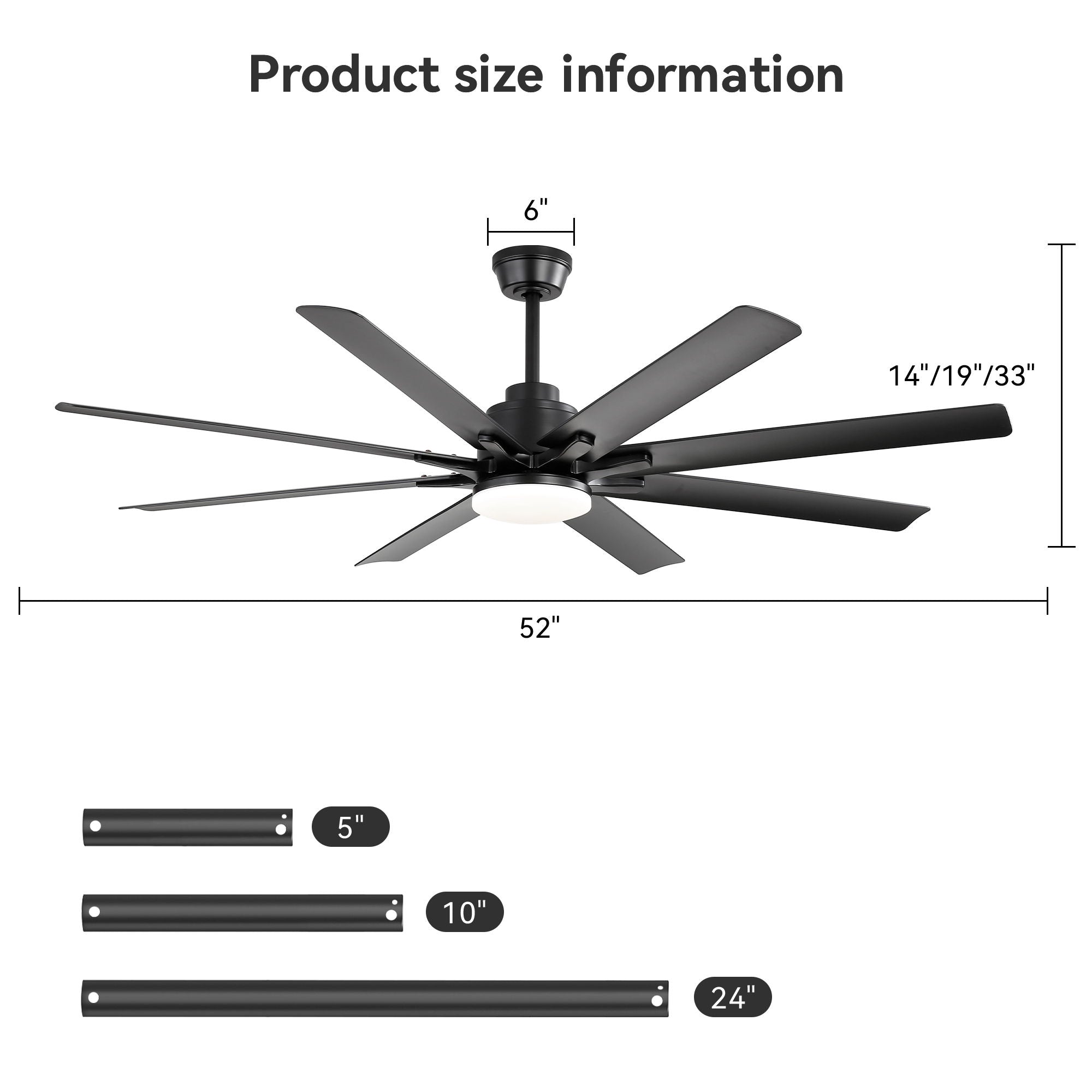 Ceiling Fan With Light 8 Blades, 18W LED 3 Color Dimmable Light, For Living Room &amp; Bedroom - Matte Black