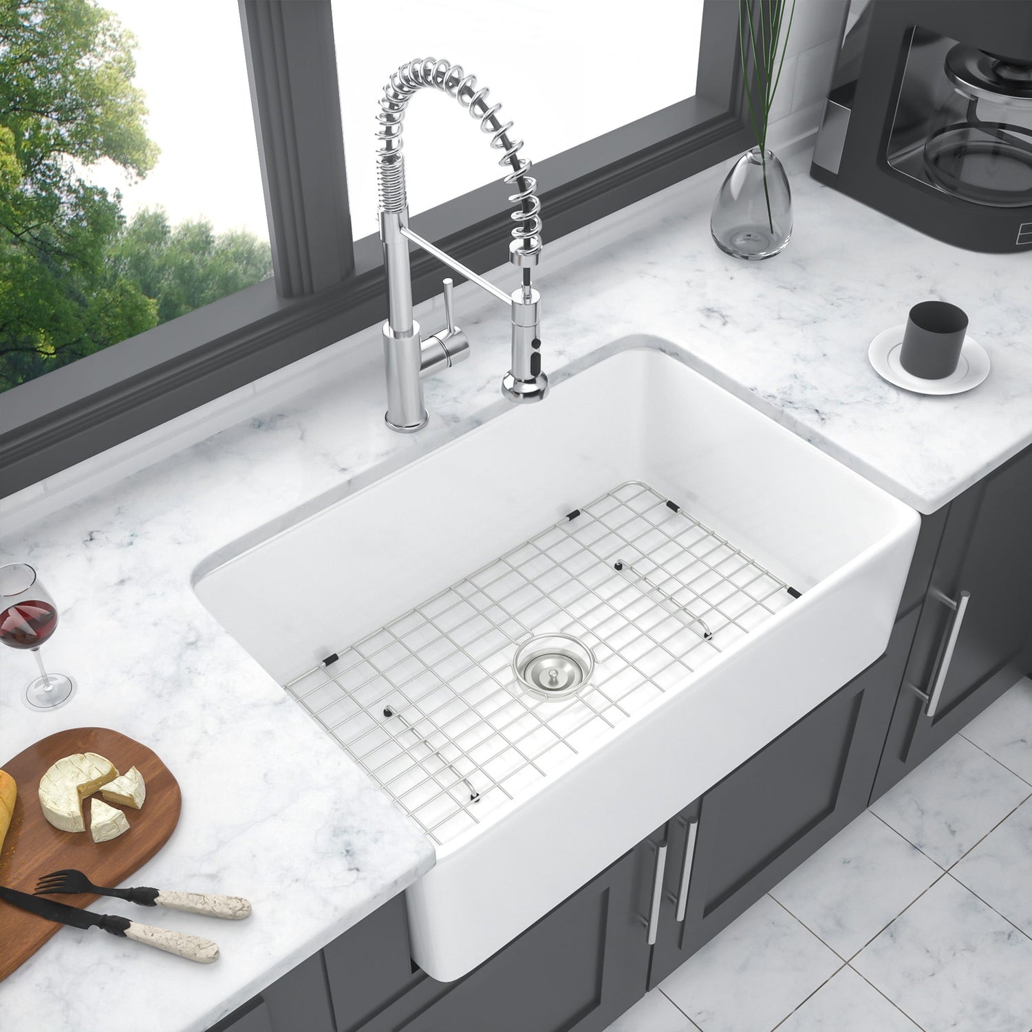 Sink 30&quot; Apron Front Reversible Single Bowl Kitchen Sink &amp; Grid And Strainer - White