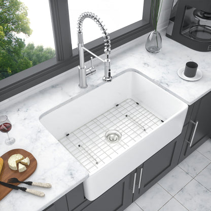 Sink 30&quot; Apron Front Reversible Single Bowl Kitchen Sink &amp; Grid And Strainer - White