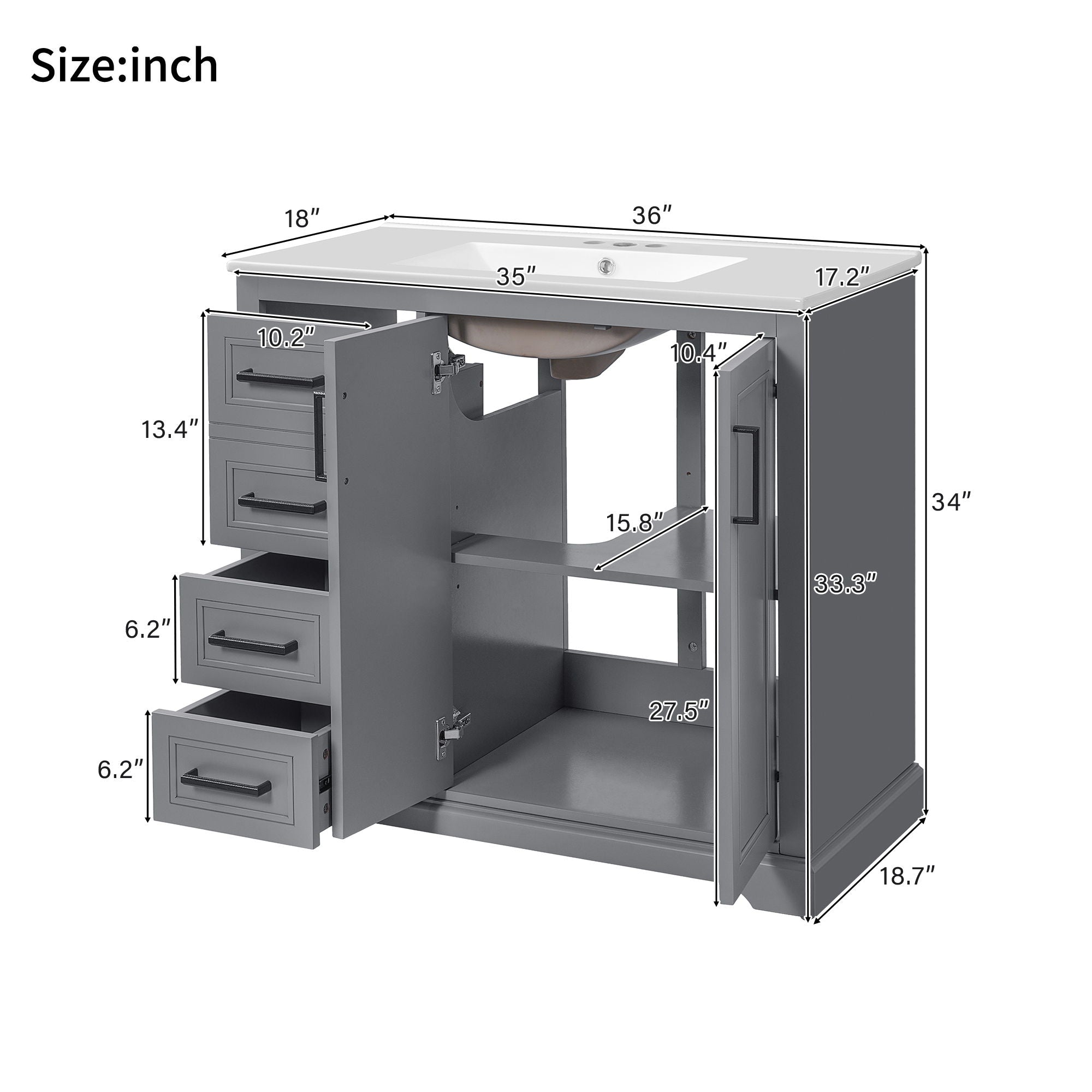 Bathroom Vanity With Sink, Soft Close Doors, Adjustable Shelf &amp; 3 Drawers