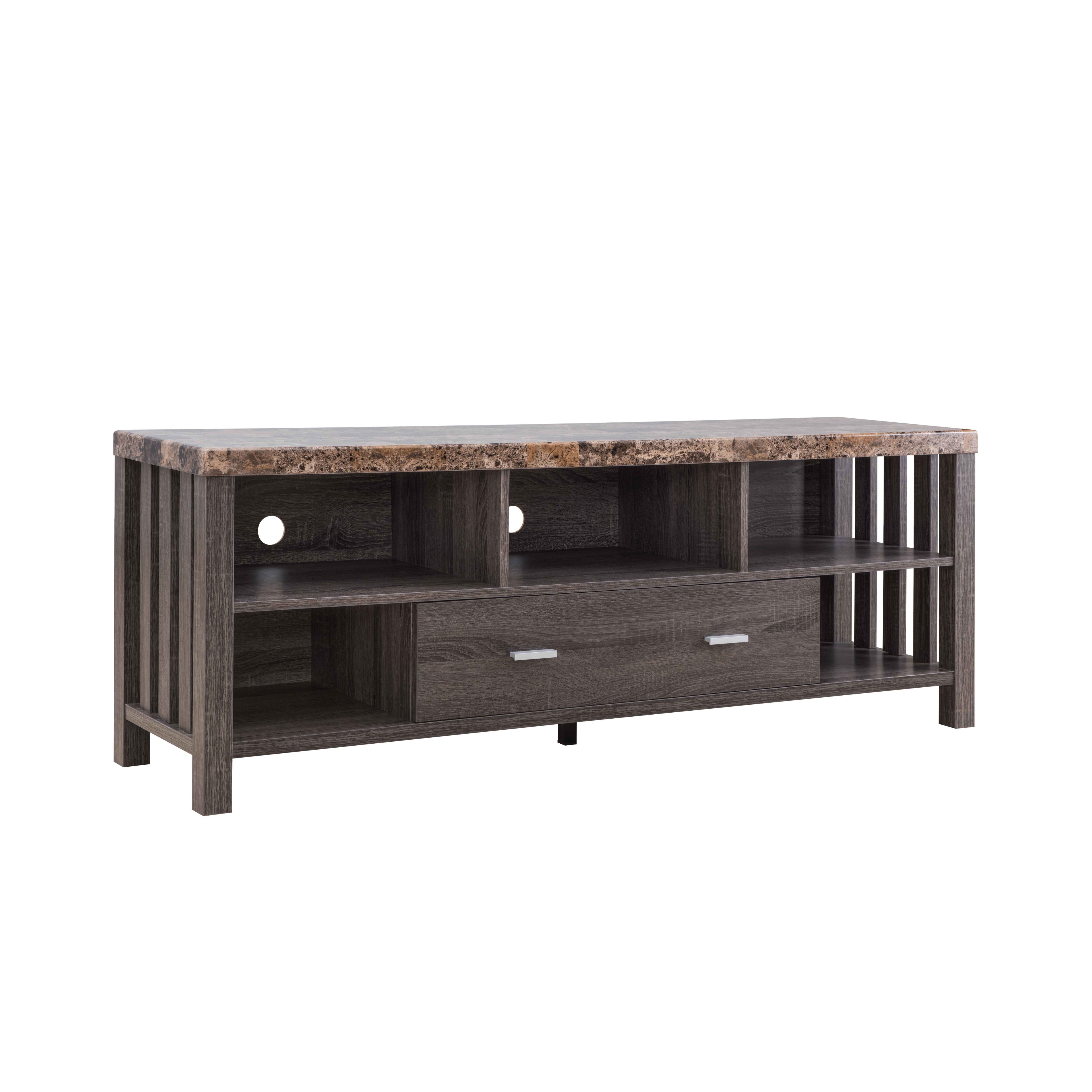 Home, Livingroom TV Stand With Drawer &amp; Five Open Shelves - Faux Marble YelloWith Distressed Gray