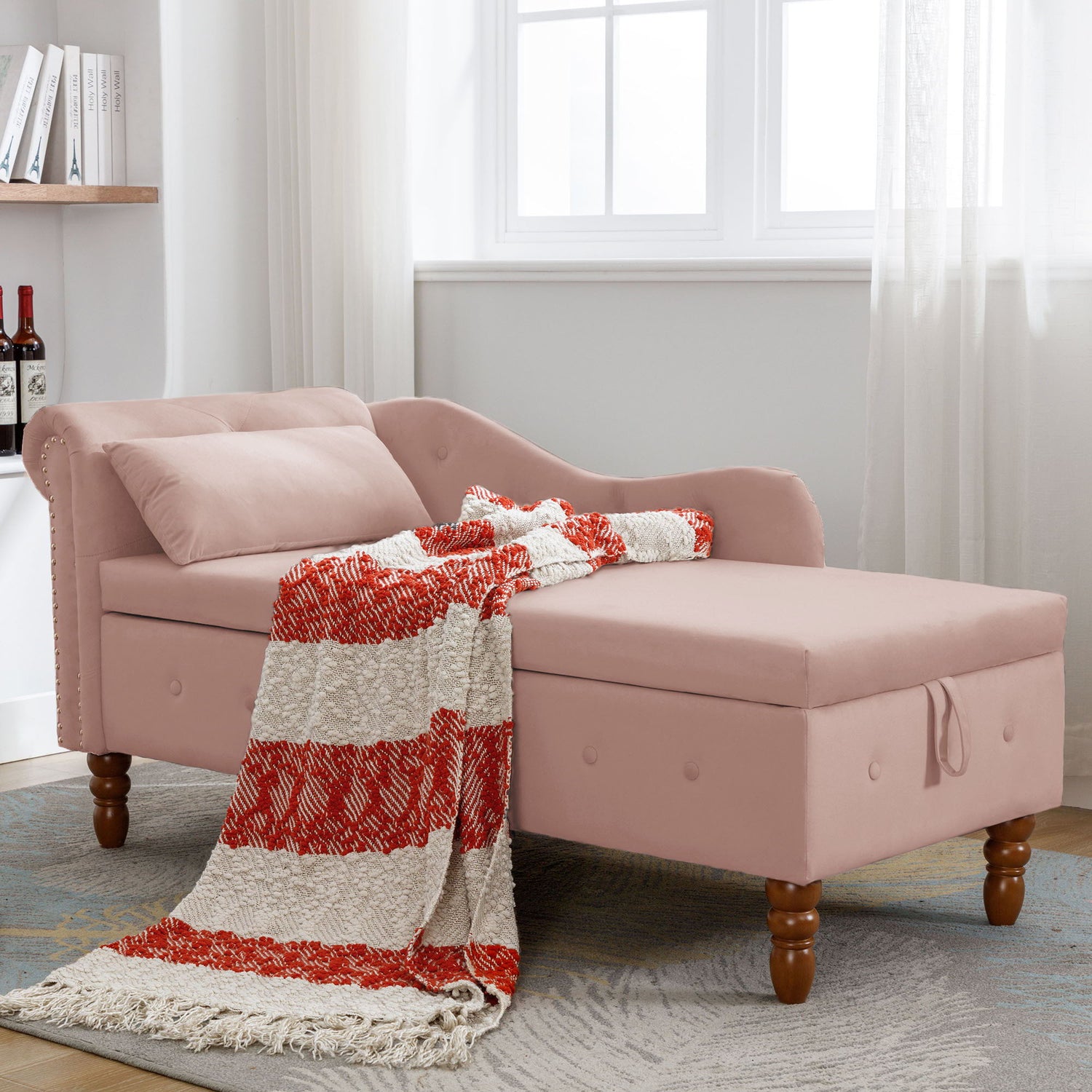 Chaise Lounge Indoor, Velvet Lounge Chair For Bedroom With Storage &amp; Pillow, Modern Upholstered Rolled Arm Chase Lounge For Sleeping With Nailhead Trim For Living Room Bedroom Office