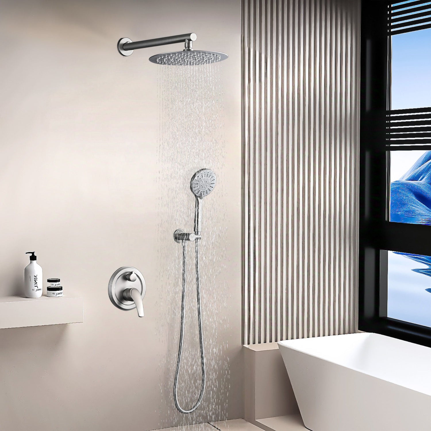Wall Mounted Shower Set With High Pressure 10&quot; Rain Shower Head And 5 Function Handheld Shower Head