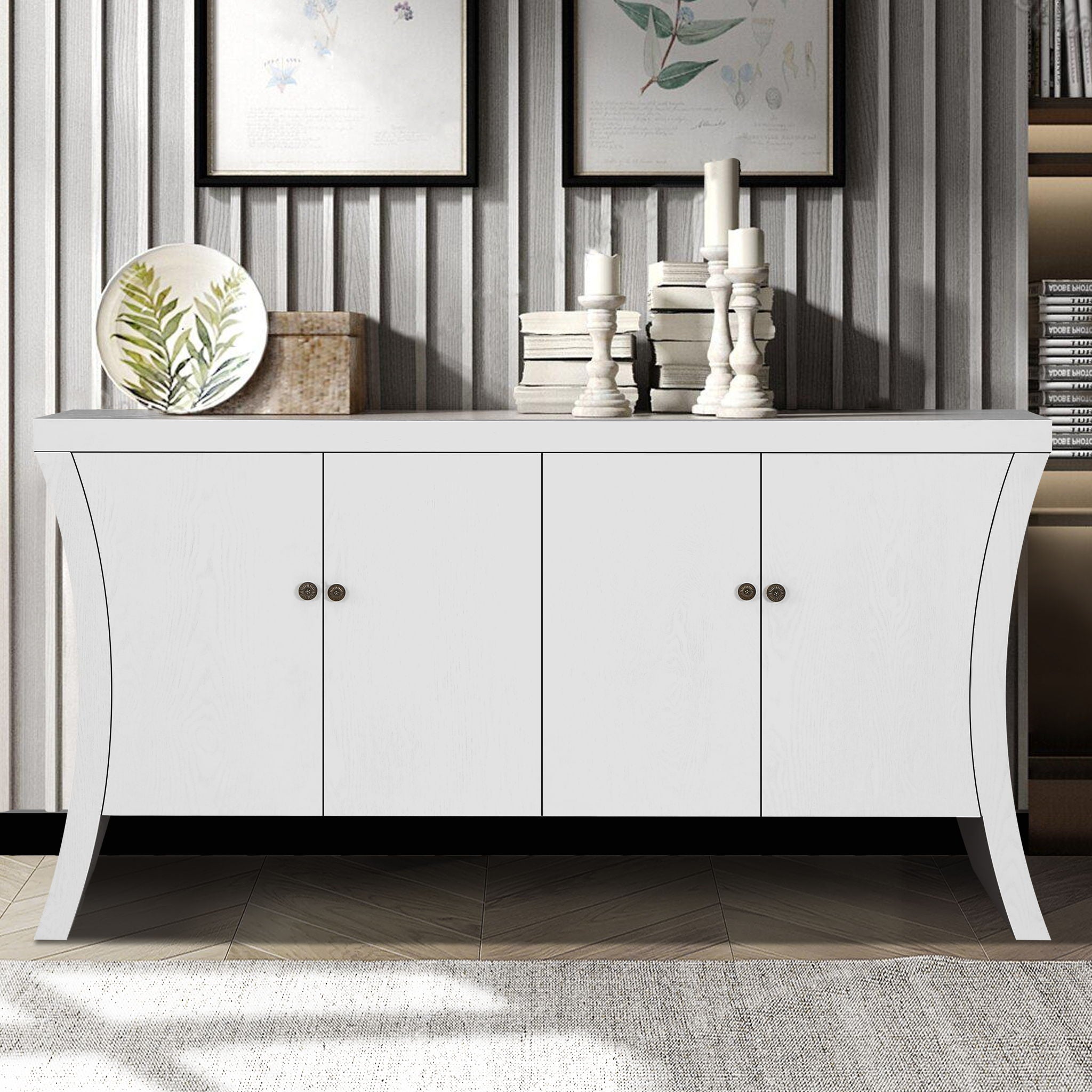 Refined Industrial 4 Door Credenza With Arc Legs &amp; Bronze Clasps