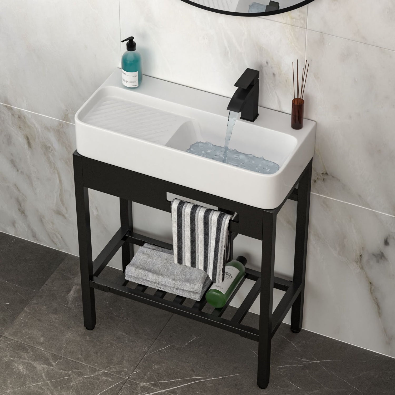 Inspired Console Sink With Built In Washboard, Overflow &amp; Sleek Legs, 28&quot; X 12&quot; - White / Black