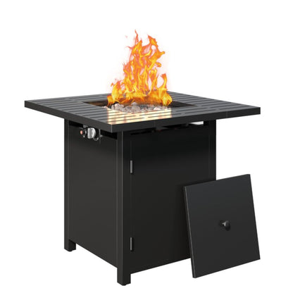 Square 2 In 1 Outdoor Propane Fire Pit Table With Stainless Burner, Lava Rocks, Lid &amp; Waterproof Cover - Black