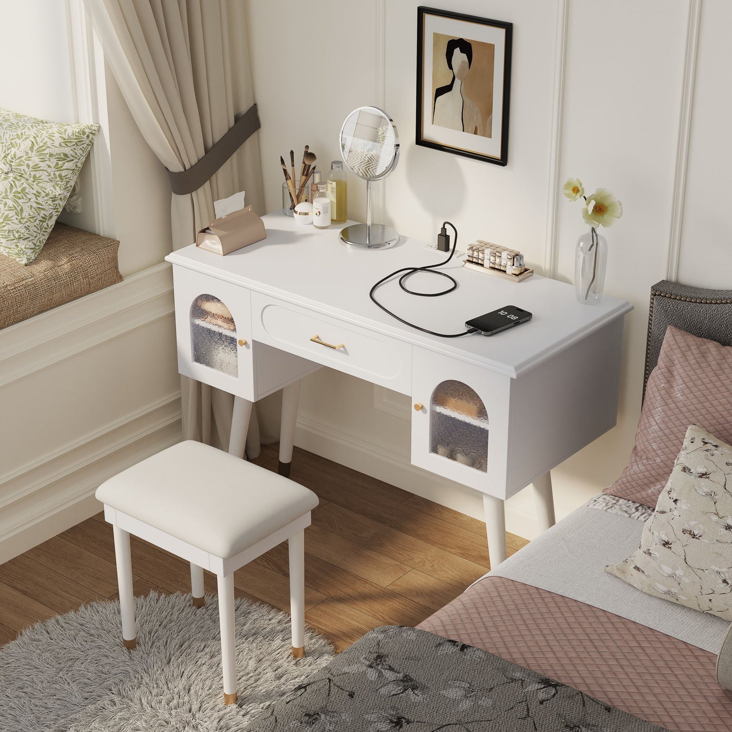 Elegant Vanity Makeup Table &amp; Chair Set Modern Dressing Table With Organizer Writing Desk Charging Port Engineered Wood - White