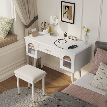 Elegant Vanity Makeup Table &amp; Chair Set Modern Dressing Table With Organizer Writing Desk Charging Port Engineered Wood - White