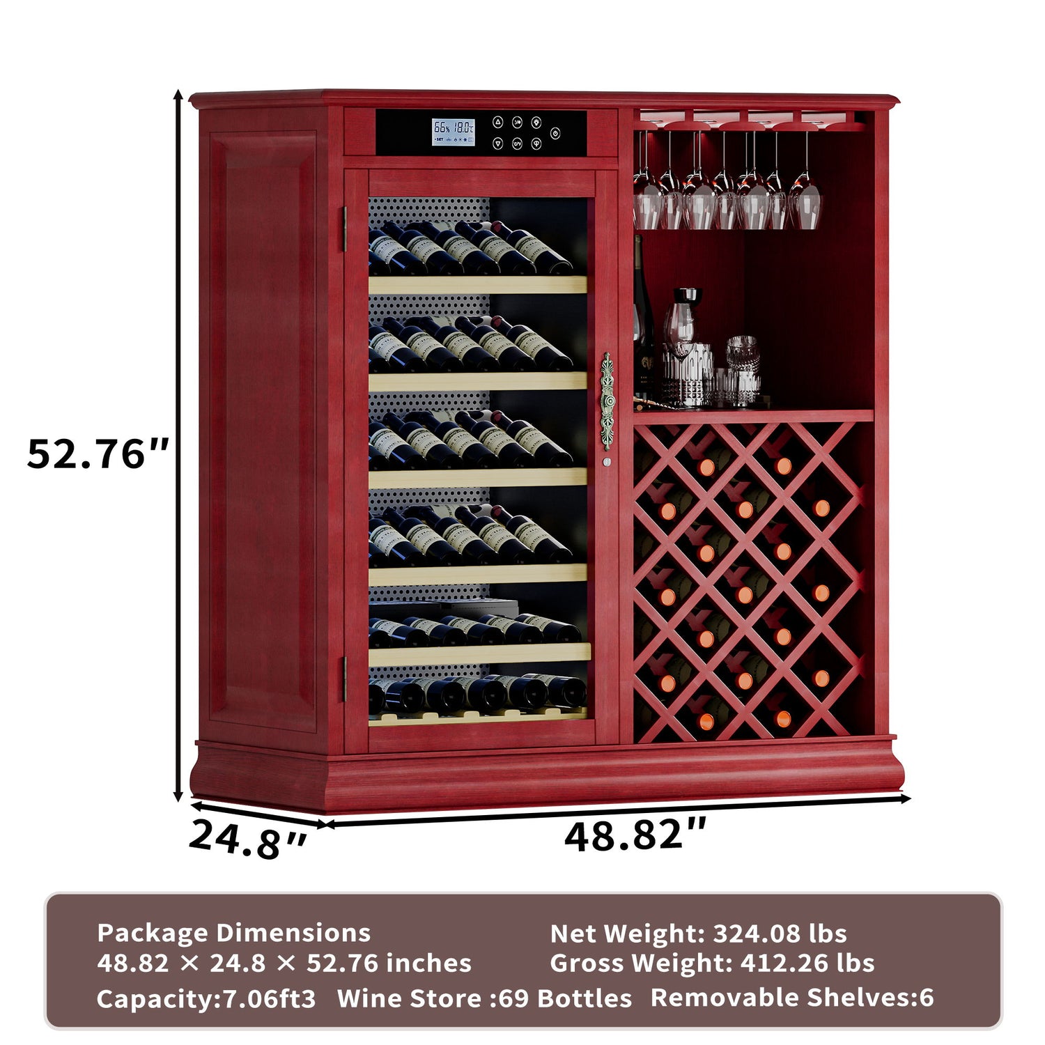 69 Bottle Wine Fridge With Touch Control, LED Lighting, Humidity Regulation - Cherry