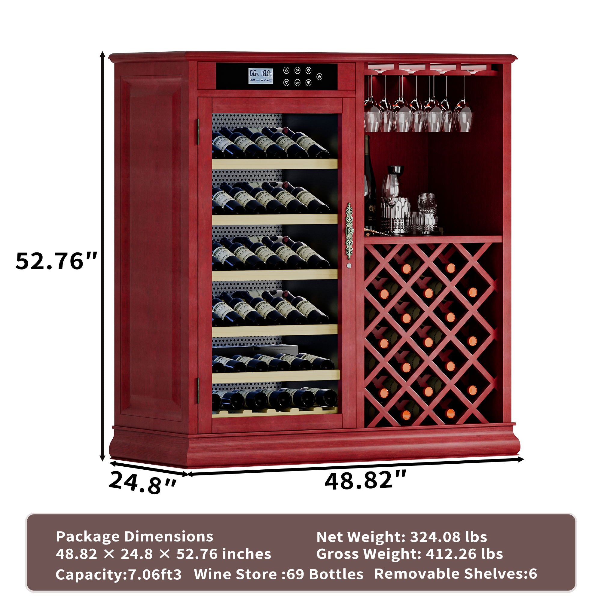 69 Bottle Wine Fridge With Touch Control, LED Lighting, Humidity Regulation - Cherry