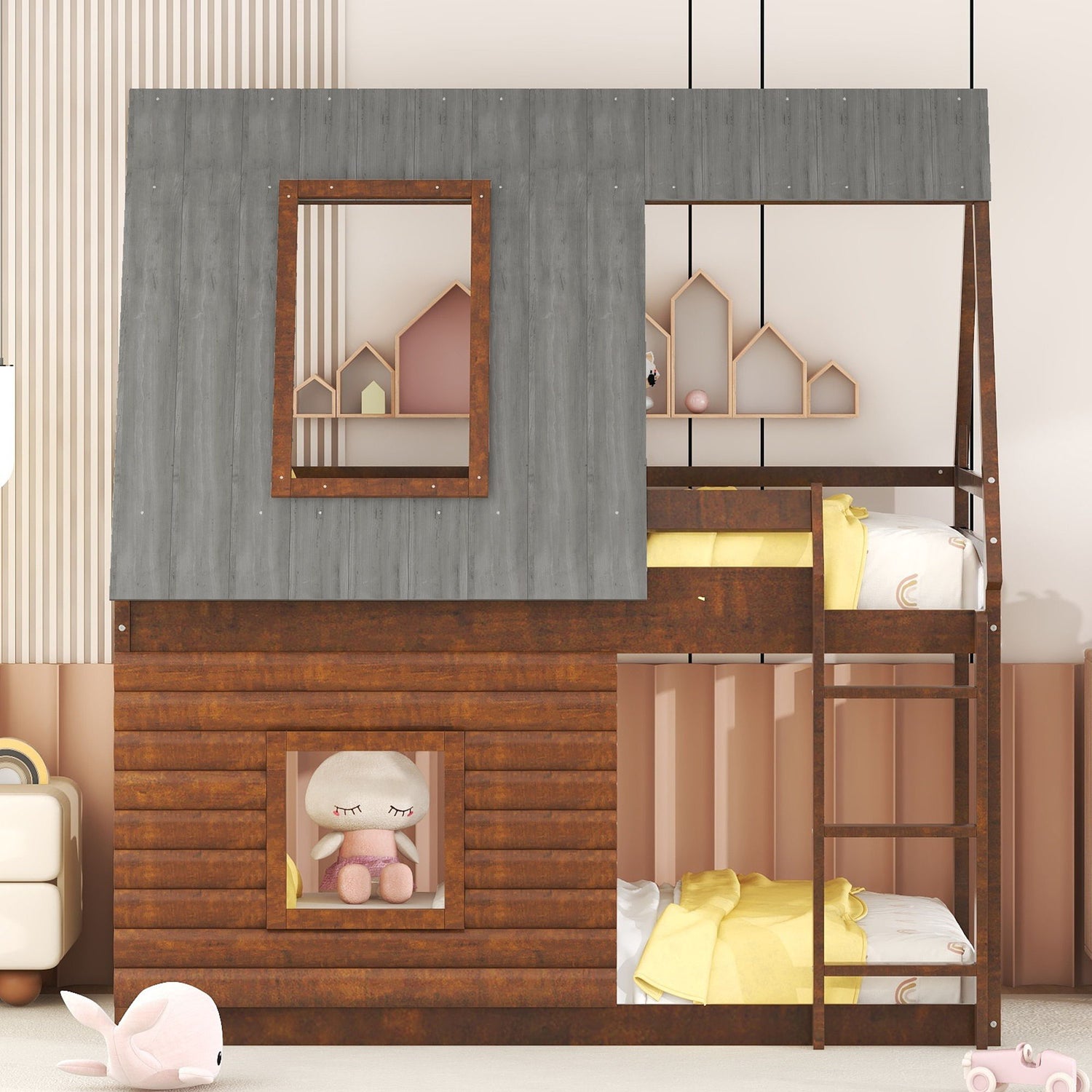 Wood Twin Size House Bunk Bed With Roof, Ladder And 2 Windows - Oak &amp; Smoky Gray