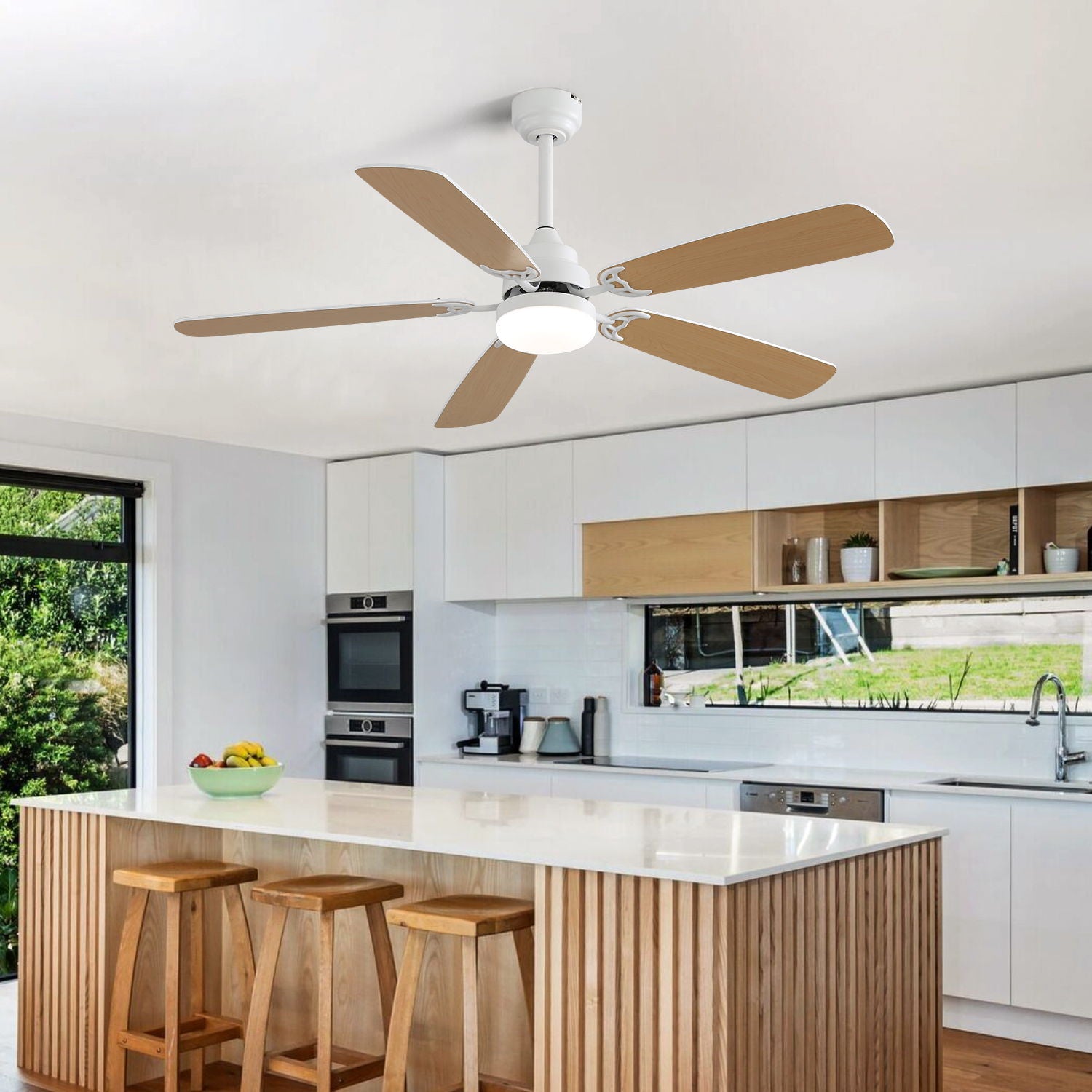 Indoor Modern 52&quot; Ceiling Fan With Dimmable 6 Speed Wind 5 Blades Remote Control Reversible Dc Motor With LED Light - White